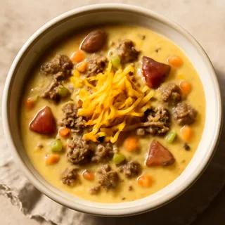 Cheeseburger Soup With Cheddar And Red Potatoes