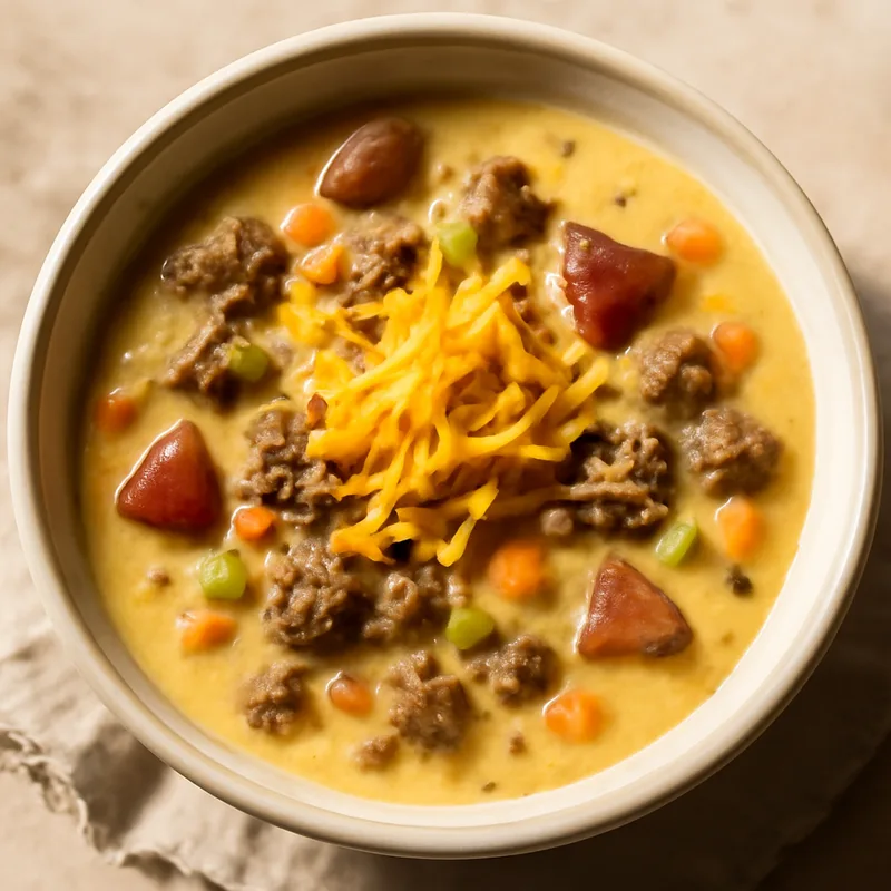 Cheeseburger Soup With Cheddar And Red Potatoes