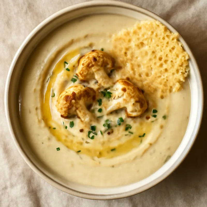 Creamy Cauliflower Cheddar Soup With Parmesan Crisps