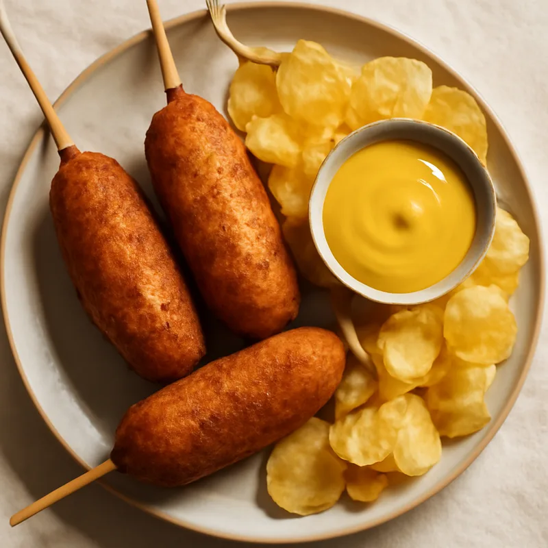 Crispy Corn Dogs With Honey Mustard And Kettle Chips