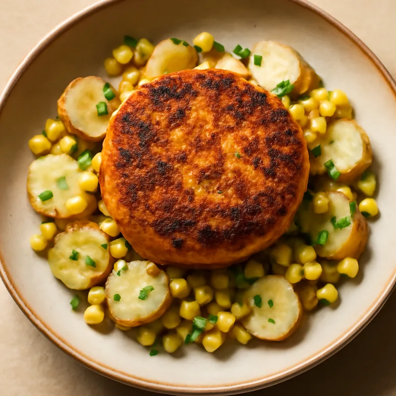 Crispy Salmon Cakes With Corn And Potato Salad
