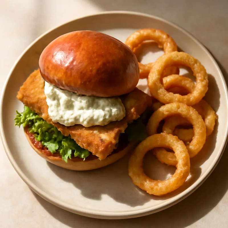 Fried Fish Sandwiches With Tartar Sauce And Onion Rings
