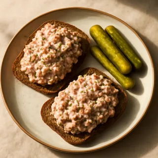 Ham Salad Sandwiches On Rye With Crisp Pickles