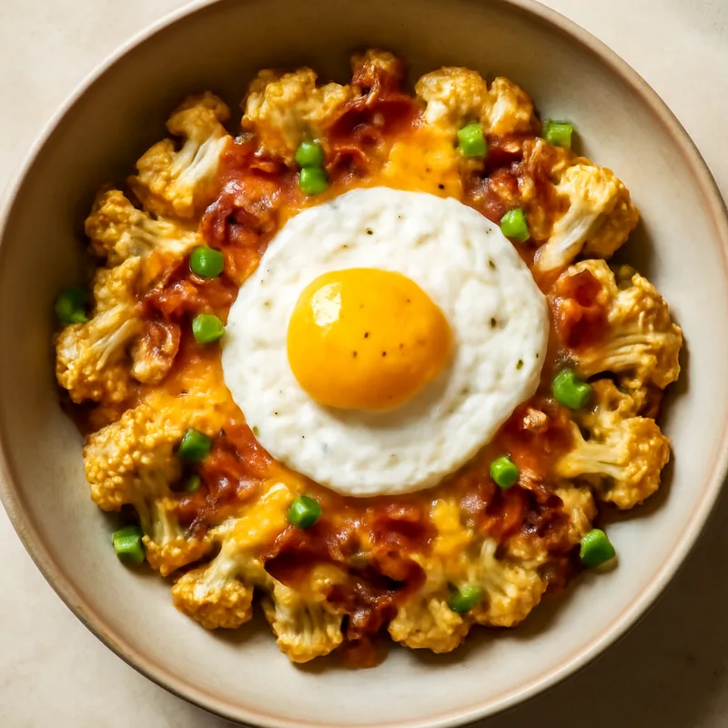 Loaded Cauliflower Bowls With Melted Cheddar And Fried Eggs