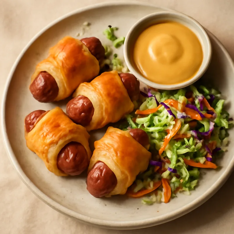 Pigs In A Blanket With Honey Mustard And Crunchy Slaw