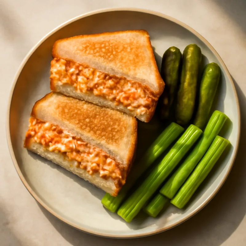 Pimento Cheese Sandwiches With Dill Pickles And Celery Sticks