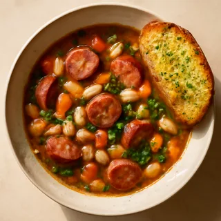 Smoked Sausage And White Bean Soup With Garlic Bread