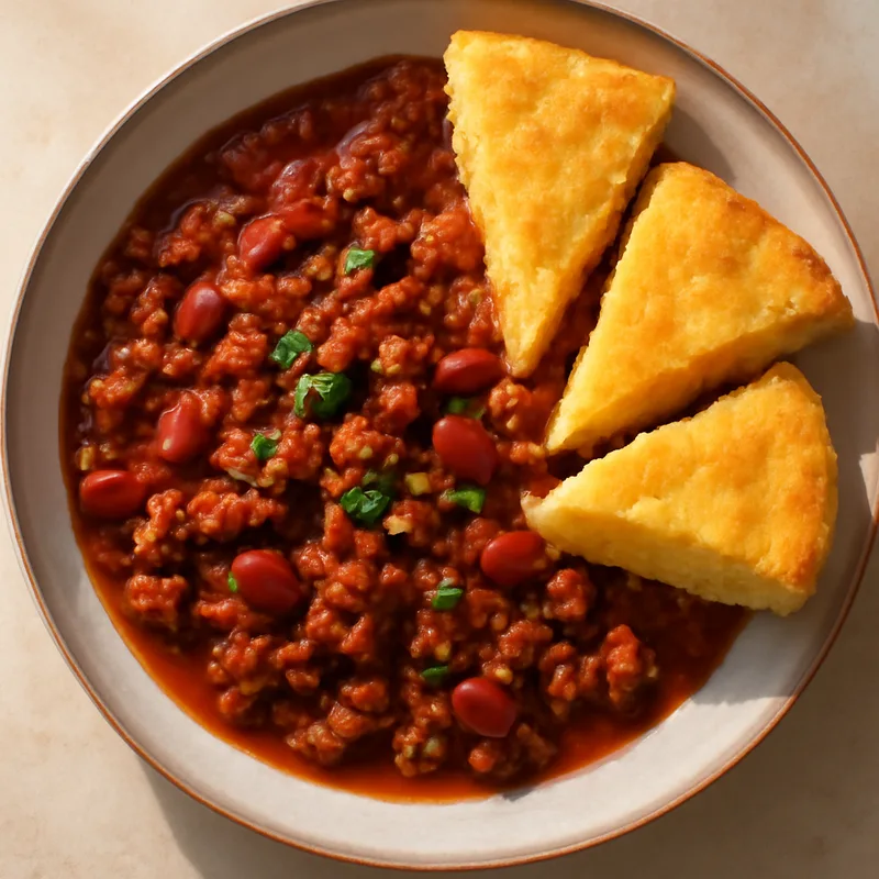 Smoky Beef And Bean Chili With Cornbread Wedges